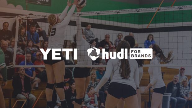 Yeti and Hudl for Brands logos overlaying a darkened volleyball play at the net.